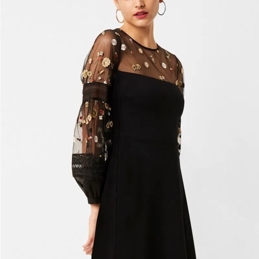 French Connection Black Dress with Floral Mesh Sleeves